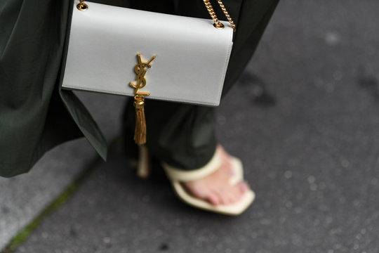 Paris, France - February 29, 2020: White Leather Yves Saint Laurent Chain Bag Detail - Streetstylefw20