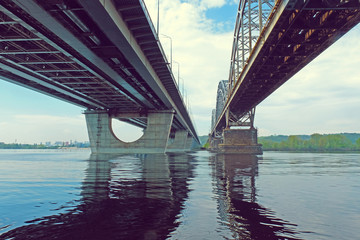 View under the bridge. City bridges over the river Dniepr. Kiev. Ukraine.