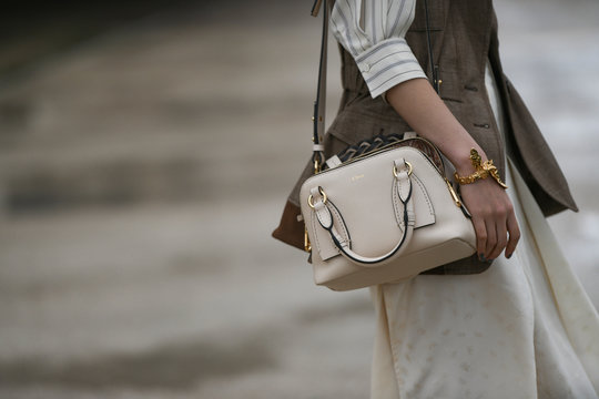 Paris, France - February 27, 2020: Cream leather Chloe handbag - streetstylefw20