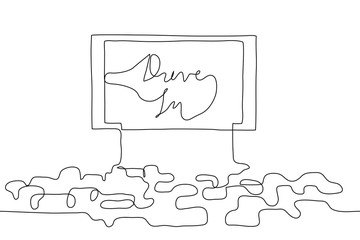 Figure with a car cinema: many cars face a huge screen, the screen says 