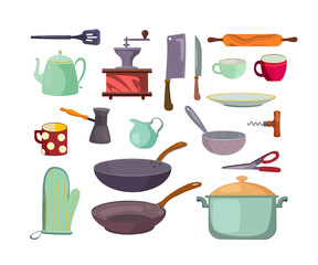 Kitchen utensils and tools flat icon set. Cartoon cups, saucepans, pots, cutlery and teapot isolated vector illustration collection. Cooking and accessories concept