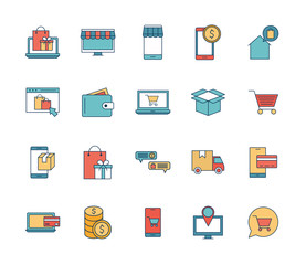 Shopping online line and fill style icon set vector design