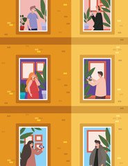 People with smartphone at windows of orange building vector design