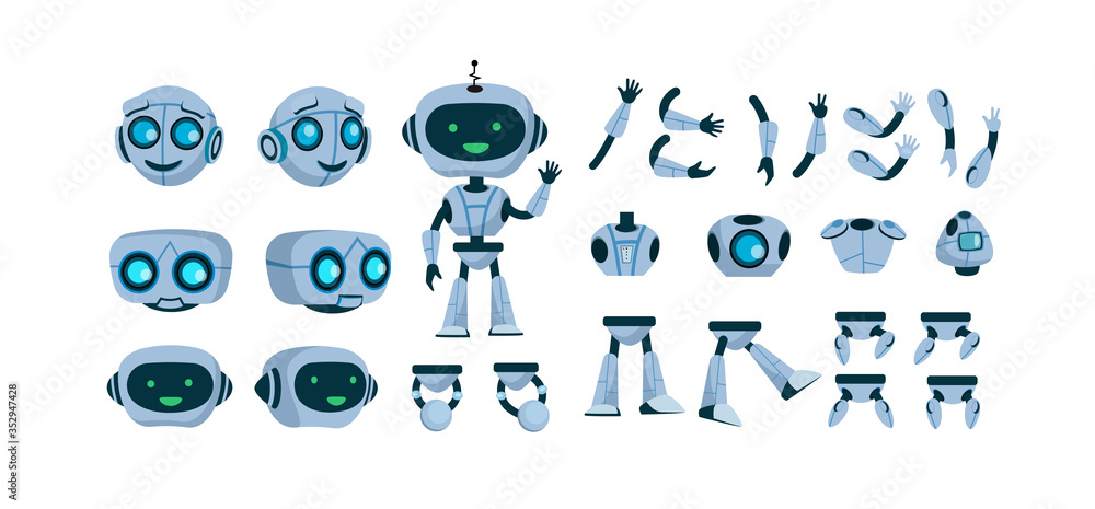 Poster futuristic robot constructor flat icon set. cartoon android character design isolated vector illustr