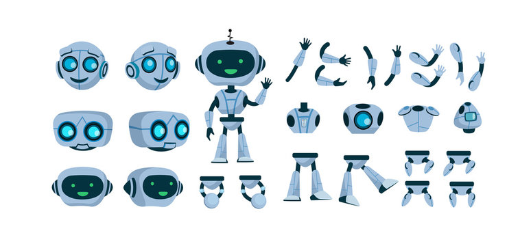 Futuristic robot constructor flat icon set. Cartoon android character design isolated vector illustration collection. Electronic equipment and humanoid animation concept