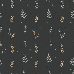 Leafs seamless pattern on a dark background. Vector illustration of a botanical elements. Print for textile, wrapping, fabric or t-shirt. Isolated cute branches. Summer concept.