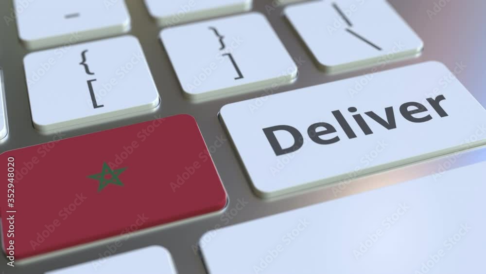 Poster deliver text and flag of morocco on the computer keyboard. logistics related 3d animation