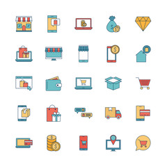 Shopping online line and fill style icon set vector design