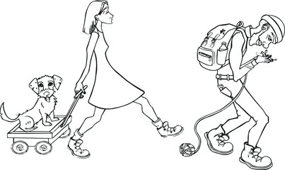 Cartoon family camping. People carry camping equipment.