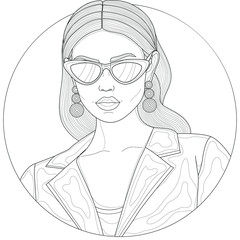 Girl in a jacket and glasses. With earrings in the ears.Coloring book antistress for children and adults. Illustration isolated on white background.Zen-tangle style.