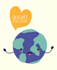 Quedate en casa and kawaii world cartoon vector design