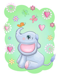 Cute cartoon elephant with beautiful eyes with a butterfly surrounded by flowers, children's illustration