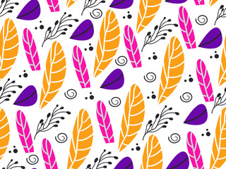 Fototapeta na wymiar Seamless pattern of abstract flowers, leaves and spirals in yellow and pink colors
