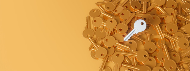 Scattered keys. Concept of privacy, problem solving, solutions and correct answer. 3d rendering