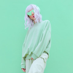 Dj Girl in Fresh Mint Fashion clothing. Minimal aesthetic monochrome design. Aqua menthe color trend