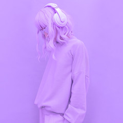 Fresh Purple Dj Girl. Minimal monochrome color aesthetic. Stylish headphones, music lover concept