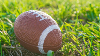 Rugby ball on green grass, american football. Competition Game Concept
