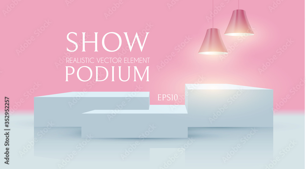 Wall mural 3d podium with shining lamps. realistic minimal empty scene. showcase and shelf. trendy empty stage.