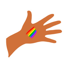 An open palm with dark skin and a rainbow on the hand.Flat illustration.LGBT.Vector illustration.