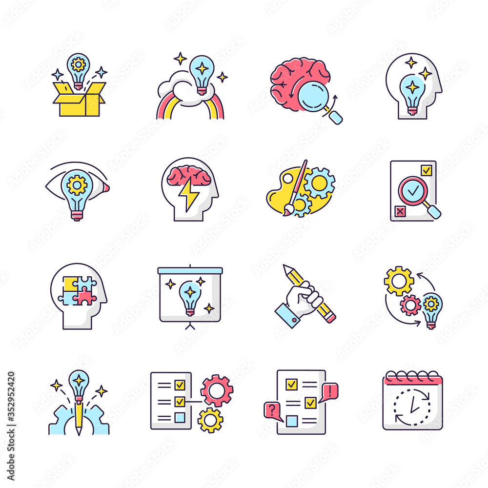 Poster creativity rgb color icons set. idea generation. imagination of creative artist mind. logical approa