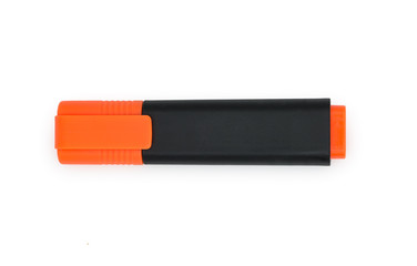 Orange highlighter, text marker isolated on white, top view.