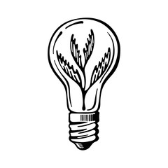 Green eco energy concept, plant growing inside the light bulb. Hand-drawn icon vector isolated on white background