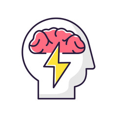 Fototapeta premium Brainstorming RGB color icon. Efficient approach to problem solving. Analytical mindset. Innovation, improvement. Psychological issue. Mental health. Human brain in head. Isolated vector illustration