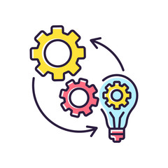 Implementation RGB color icon. Technical development. Optimization of mechanical production process. Connection of cog wheel in machine. Smart management. Isolated vector illustration