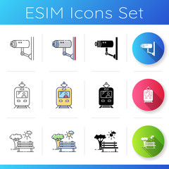 Urban regulation icons set. Video surveillance to prevent crime. Tramway for transit. Open public space with nature for relaxation. Linear, black and RGB color styles. Isolated vector illustrations