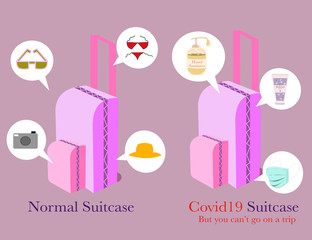 New normal suitcase before and after corona virus (covid-19)