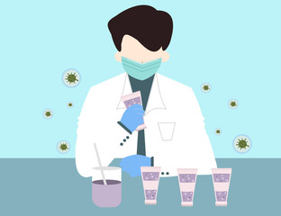 Chemist with hand sanitizer, alcohol gel in laboratory. Protect corona virus, bacteria. Vector illustration 