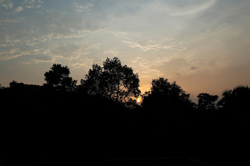Beautiful sunset with sun, trees and colorful clouds