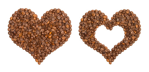 Coffee beans isolated on a white background. Two coffee heart. Second heart with a place for inscription. Concept Love