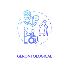 Gerontology concept icon. Community service idea thin line illustration. Aged people care and security. Pensioners caregiving program. Vector isolated outline RGB color drawing