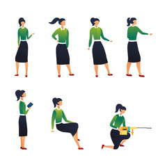 Creativity And Teamwork Concept. Collection of Businesswoman In Different Poses. Set Of Scenes With Female Character. Office Worker Girl in Various Situations. Cartoon Flat Style. Vector Illustration
