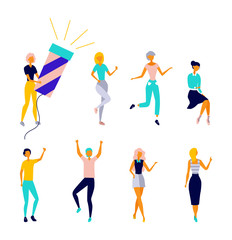 Set of Dancing People Having Fun Together. Collection of Female Characters in Colorful Clothing Enjoying Dance Party. Set Of Girls In Different Situations. Cartoon Flat Style. Vector Illustration