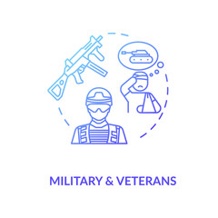 Military and veterans social service concept icon. War combats medical rehabilitation and emotional support thin line illustration. Vector isolated outline RGB color drawing