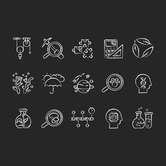 Formal and pure science chalk white icons set on black background. Different scientific disciplines and fields of study. Traditional branches of science. Isolated vector chalkboard illustrations