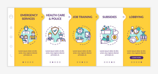 Social service onboarding vector template. Health care, employment help. Government support. Responsive mobile website with icons. Webpage walkthrough step screens. RGB color concept