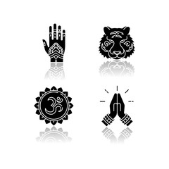 Fototapeta na wymiar Indian culture drop shadow black glyph icons set. Mehndi on hand. Henna drawings. Bengal tiger. Om representation. Sound of universe. Namaste gesture. Isolated vector illustrations on white space