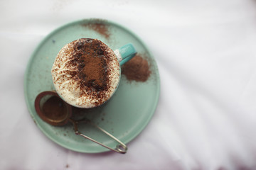 A cup of cappuccino with cream and sprinkled with spices. On white background. View from above.

