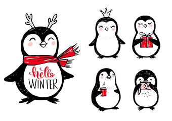 Doodle penguins with red scarf, horns, gift box, coffee, princess crownand camera.
