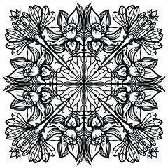 Vector monochrome doodle mandala illustration. Lotus, water lily, lotus flowers. Coloring book antistress, meditation, relaxation.