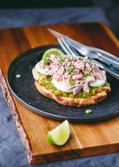 Open sandwich with canned tuna, egg and pickled cucumber dressing served with lime.