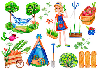 Watercolor garden set, character gardener