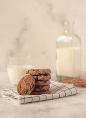 Bottle of milk and oatmeal cookies lying nearby