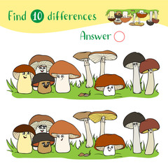 Cartoon Illustration with a group of funny mushrooms of different sizes. Find 10 differences.