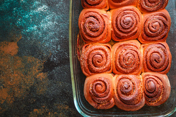 cinnamon bun roll home baked goods Menu concept healthy food background top view copy space