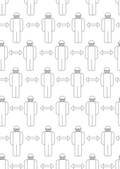 Seamless pattern with people in facial masks and the distance between them, outline vector-wound stockoks illustration by persons during an epidemic or pandemic in A4 format