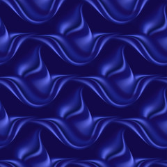 Blue silk wave and flower for luxurious design, decorative background for poster, cover, banner. Deep blue satin swirl, deep blue ribbon and golden borders. Vector illustration